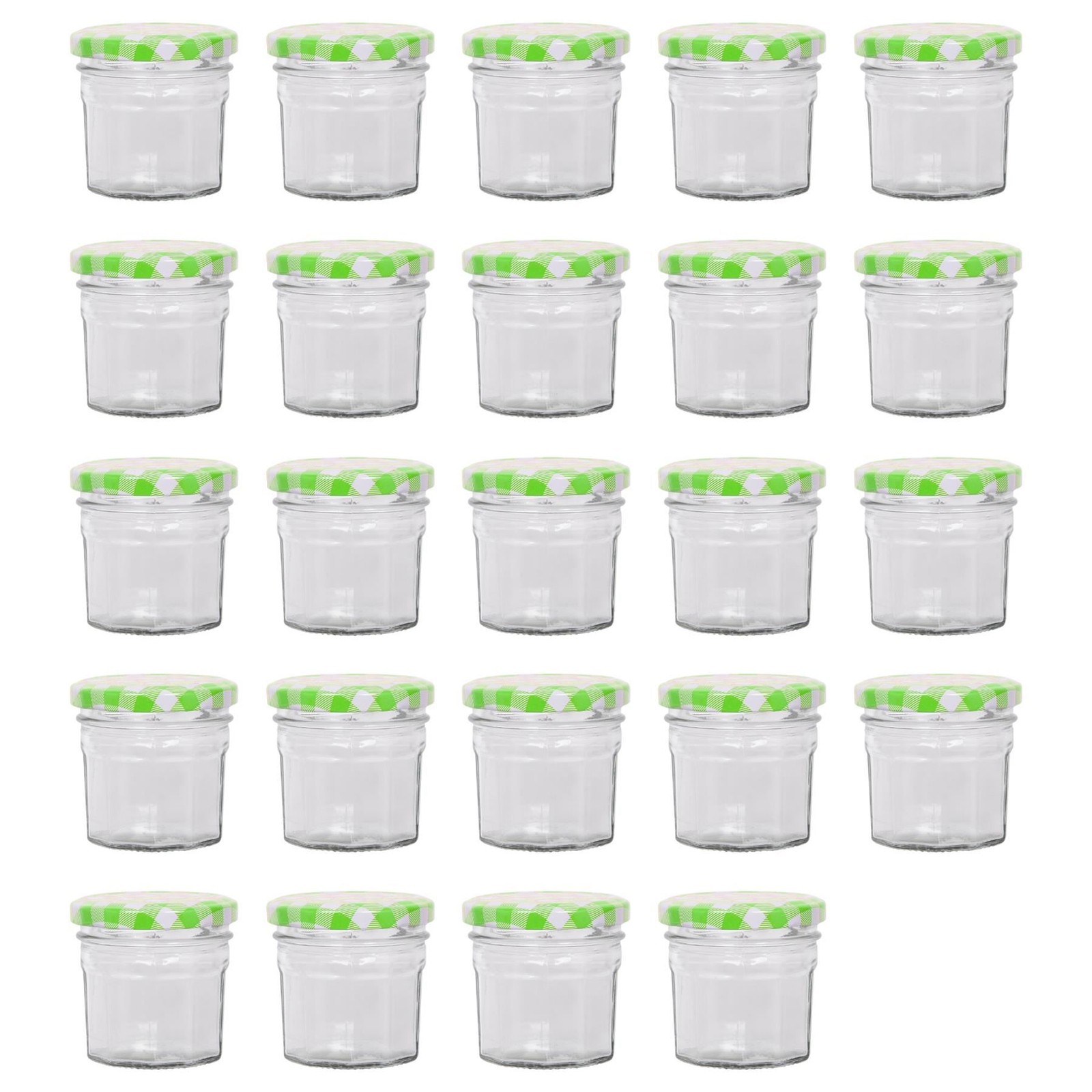 24x 90ml Glass Jam Jars with Green Gingham Lids Chutney Preserve Honey Storage