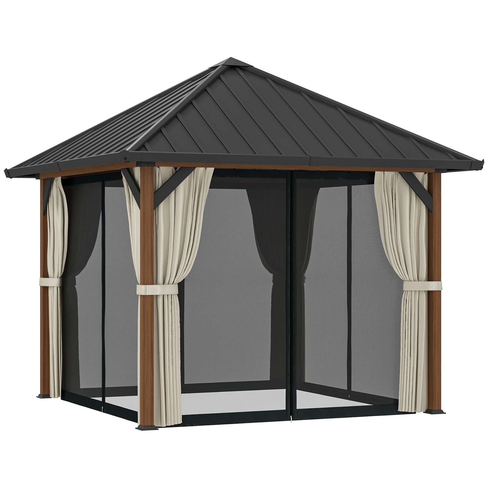 Outsunny 3 x 3(m) Metal Hardtop Gazebo with Netting and Curtains, Walnut