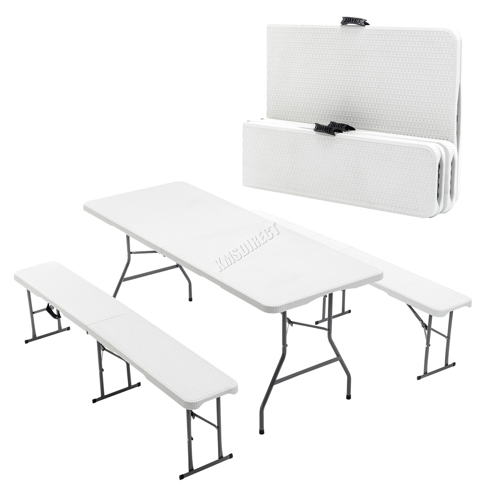 Folding Table & 2 Benches Set Foldable 3 PCS For Picnic Garden Camping BBQ White