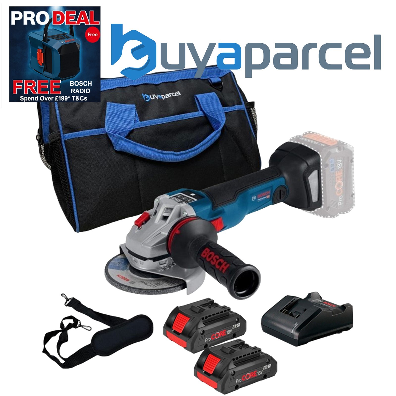 Bosch GWS V10 115mm Brushless Cordless 18v Angle Grinder x2 4AH ProCore + 16"Bag