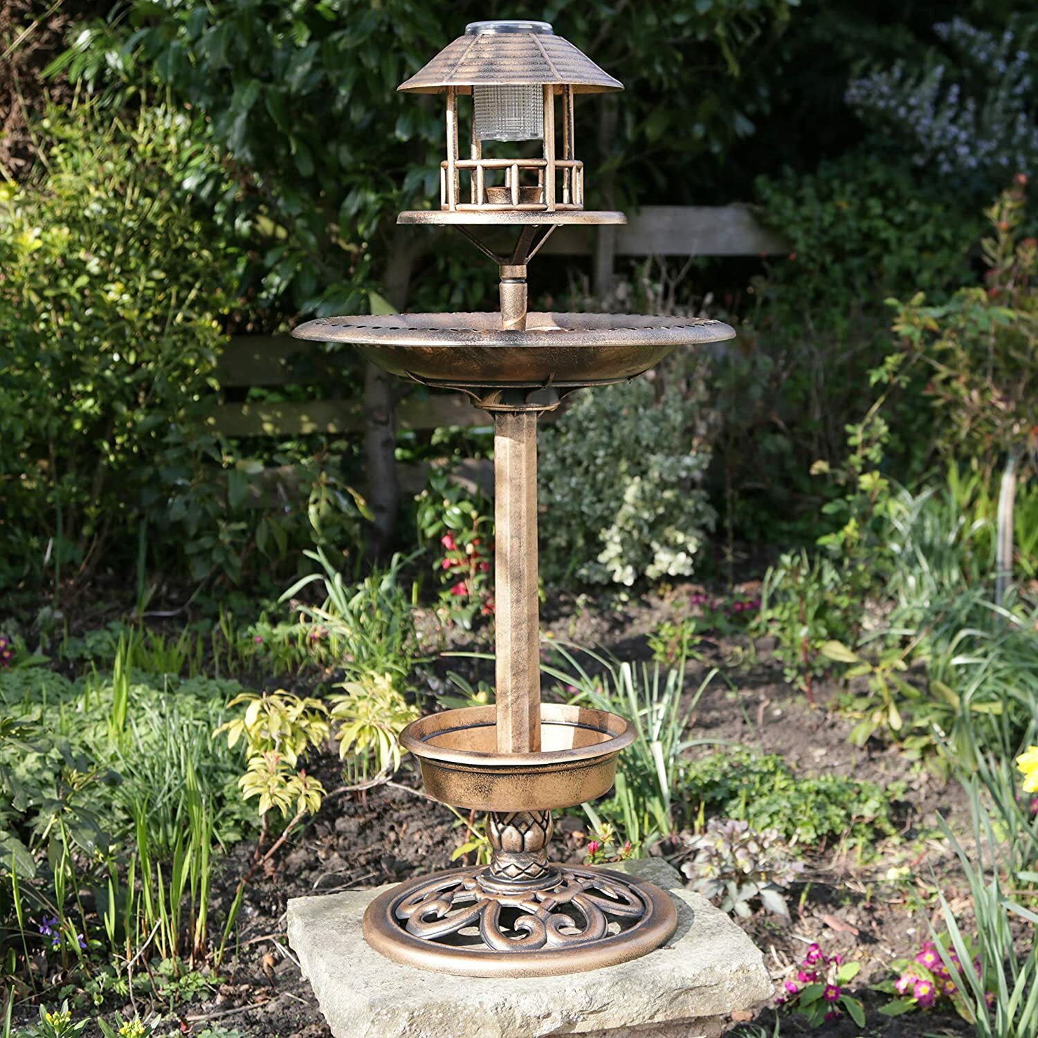 Solar Powered Bird Bath Lights & Feeding Table Copper Effect Bronze Flower Bowl