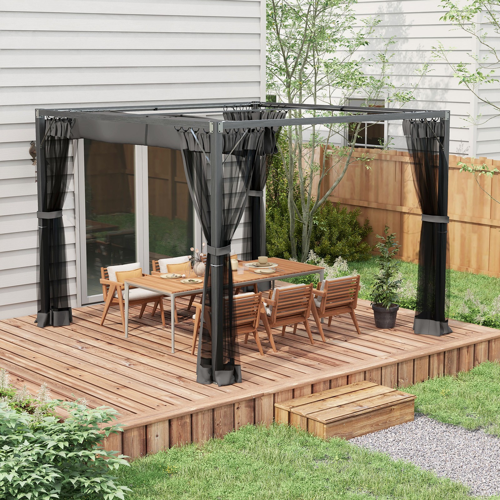Outsunny 3 x 3 m Pergola with Retractable Roof and Netting, Dark Grey
