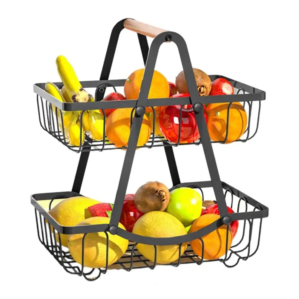 Layer Fruit Basket with Wooden Handle Multifunctional Storage Rack5482