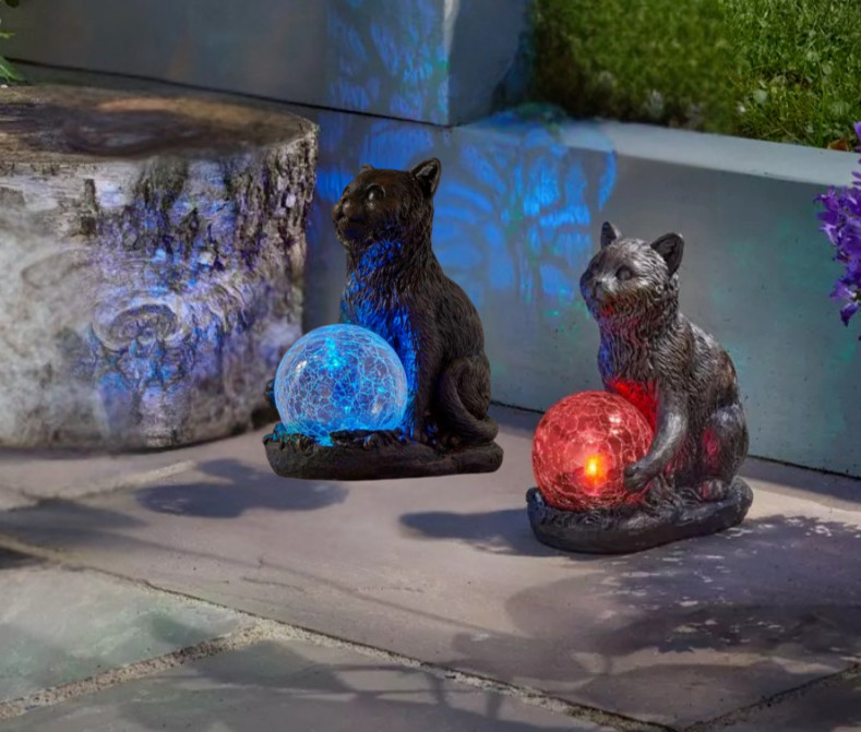 Solar Garden LED Ornament Cat 2pc Set Colour Changing Light Up Animal Outdoor