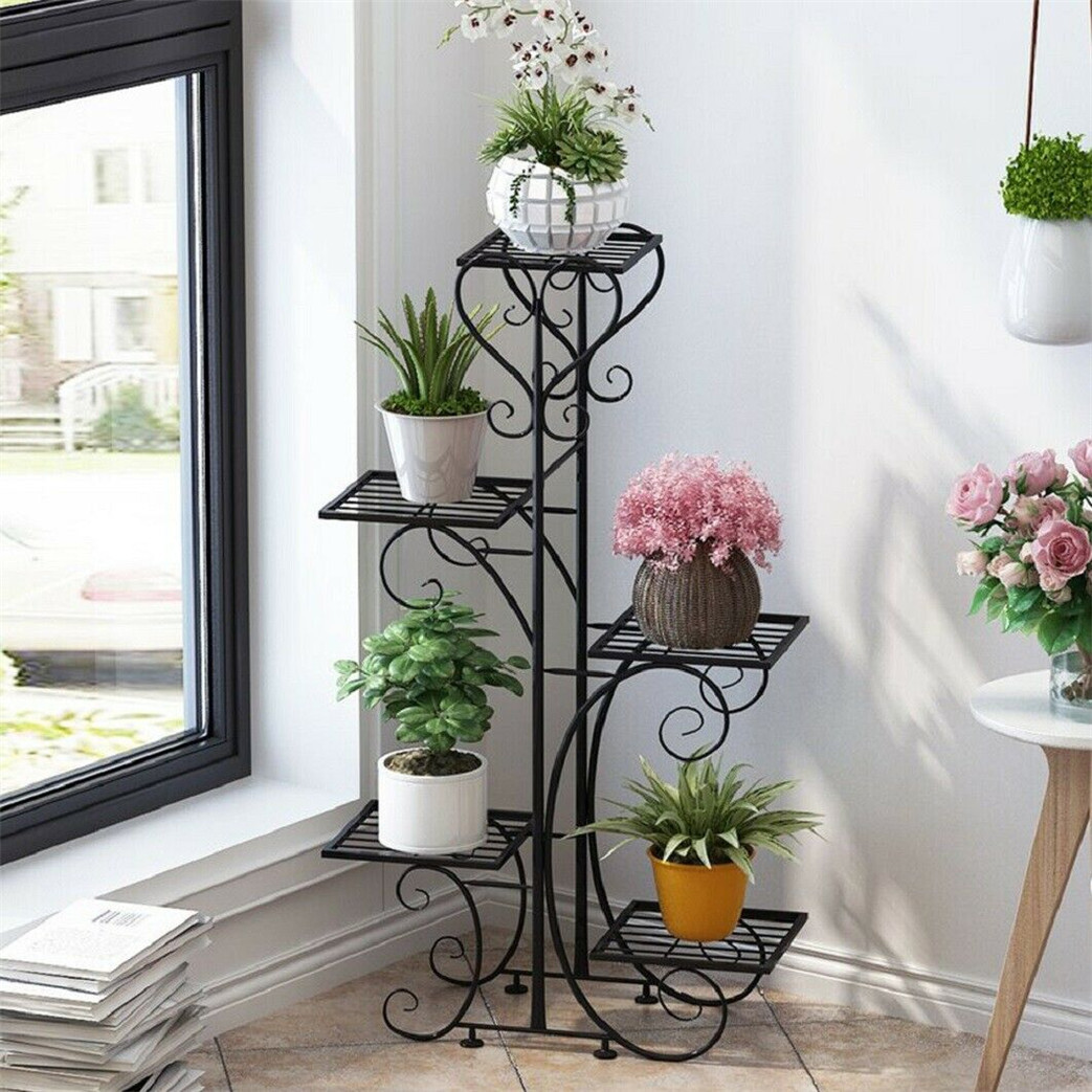 Patio Balcony Metal Heavy Duty Plant Stand Shelf 5-Flower Pots Rack Holder Black