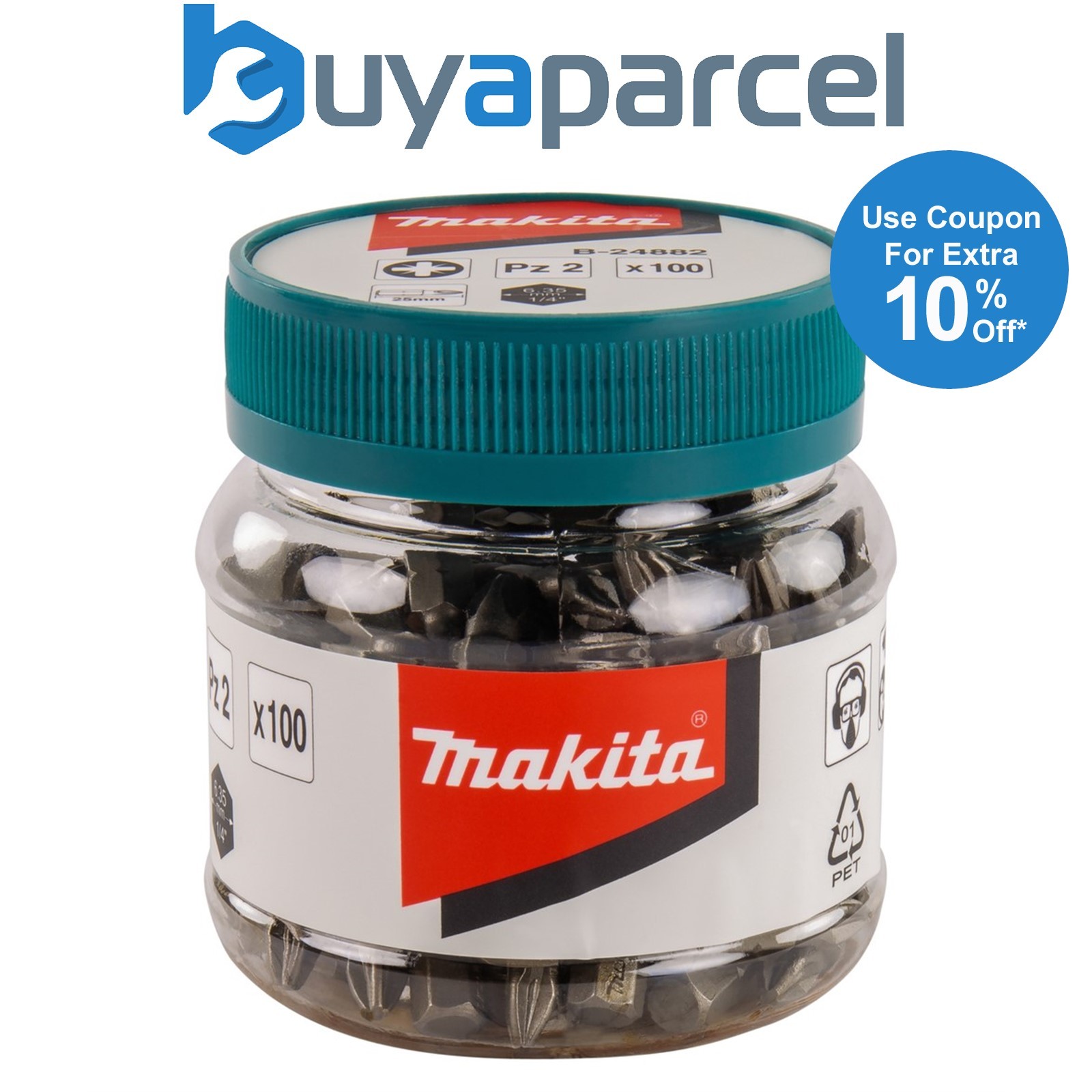 Makita x 100 Pozi No 2 25mm Hex Insert Bits In Candy Tub PZ2 B-24882 100 Pieces