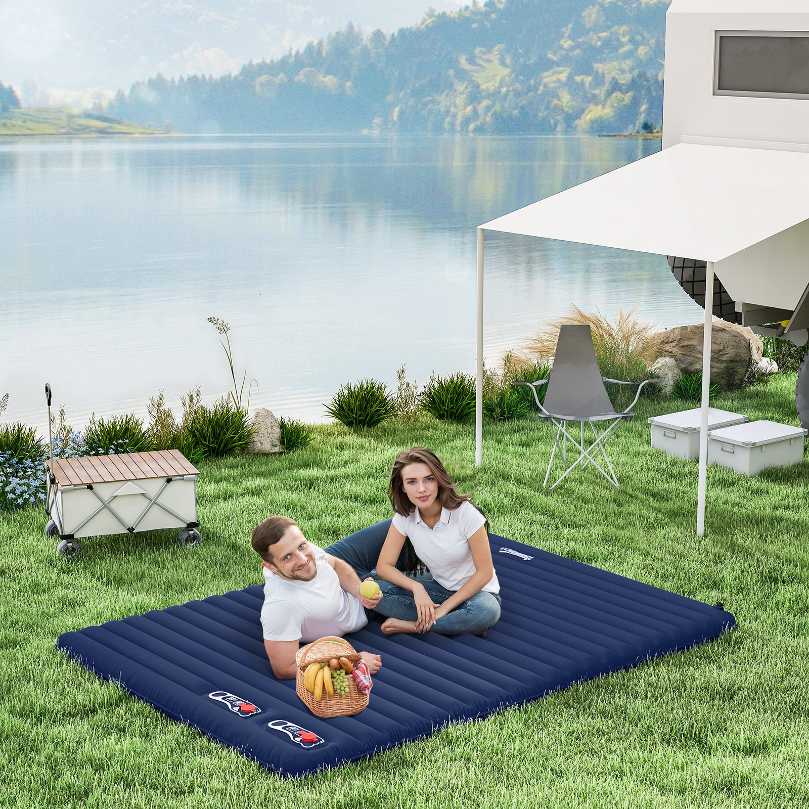 Portable Inflatable Bed Double Mattress Camping Sleeping for Travel Navy Blue