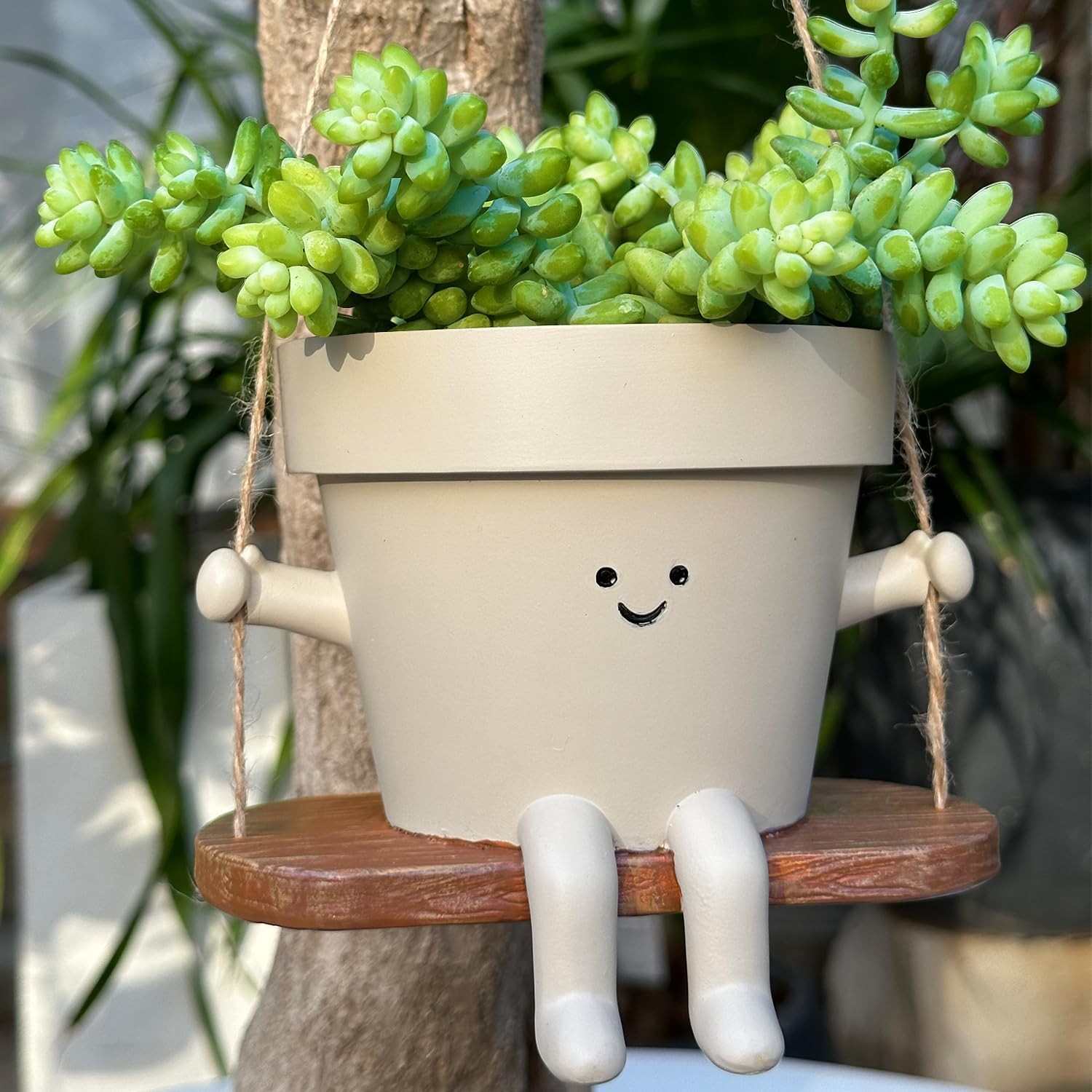 Hanging Planter Swing Face Plant Pot - Cute Resin Head Planters with Drainage H