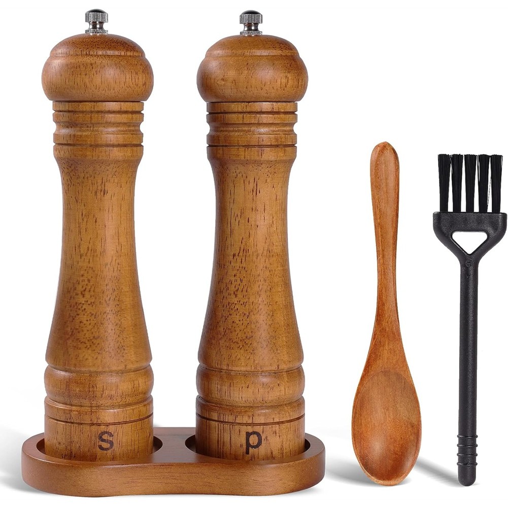 Wooden Salt and Pepper Grinder Set with Stand - 8-Inch Oak Wood Salt Mill3135