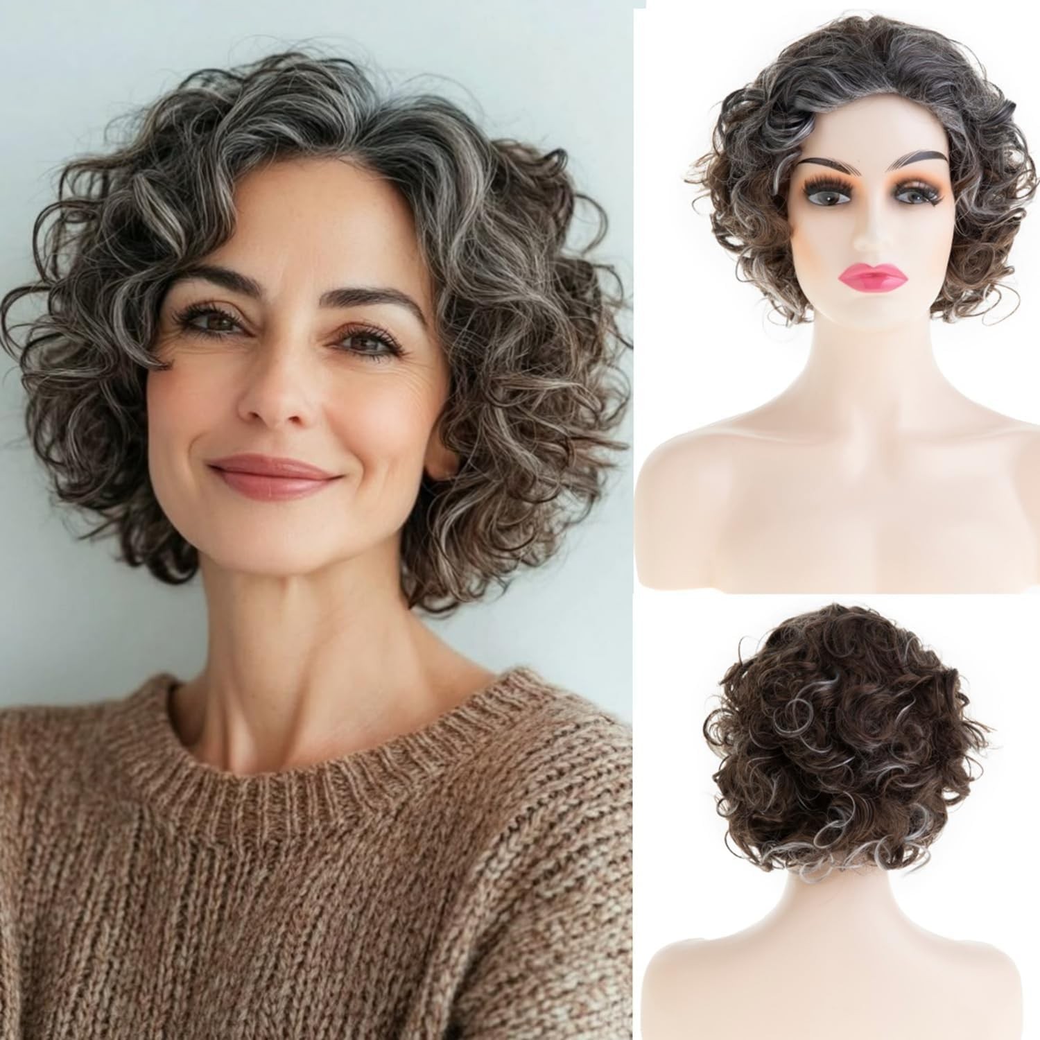 Short Brown Curly Wigs for Women Synthetic Mixed Grey Big Curly Bob Wig Modern