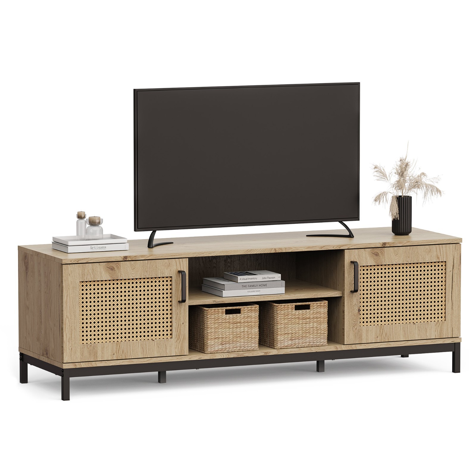 Rattan Effect TV Stand for Living Room, TV Unit up to 60" with Storage, Vonhaus