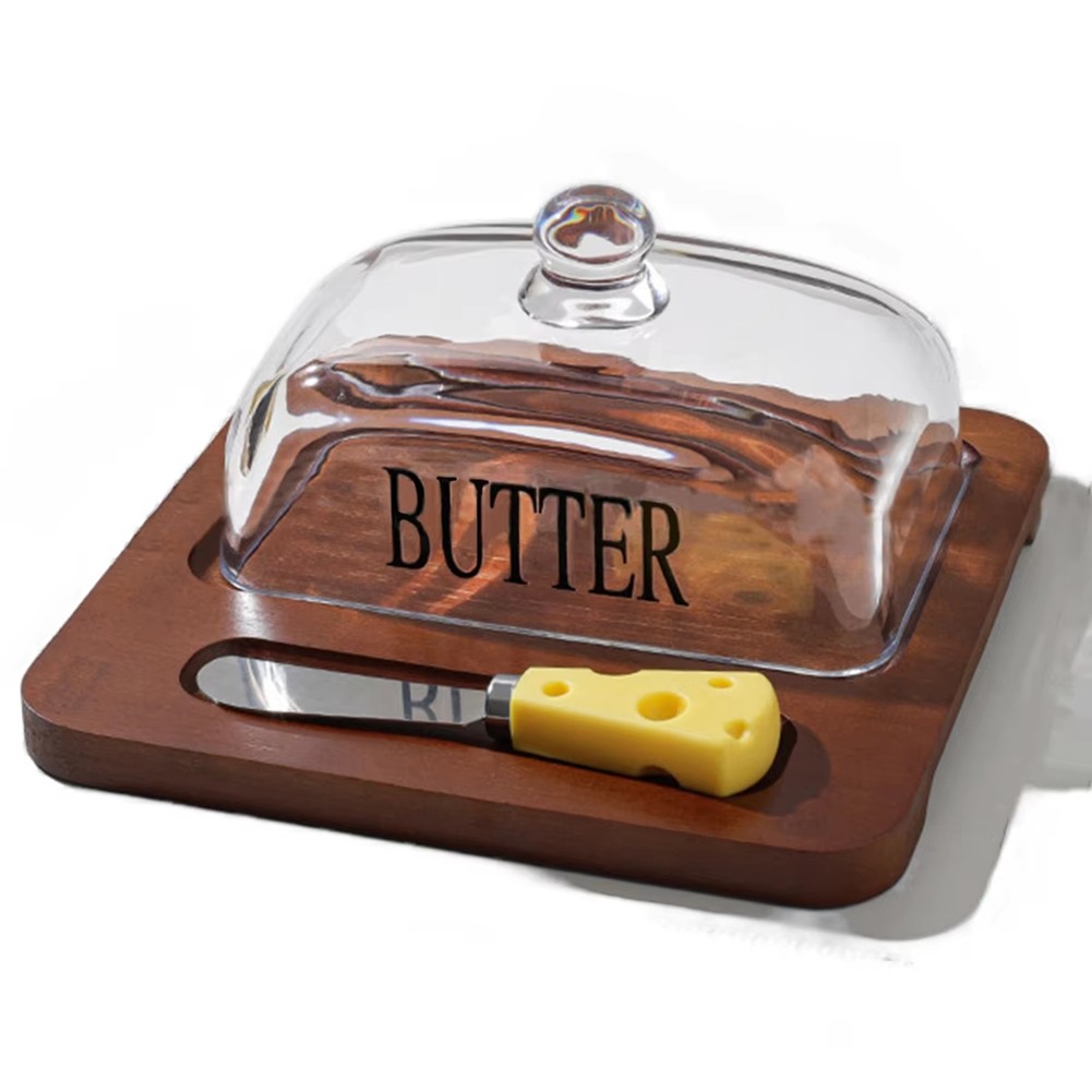 Elegant Nordic Butter Dish with Lid, Wooden Tray & Glass Cover - Stylish7962