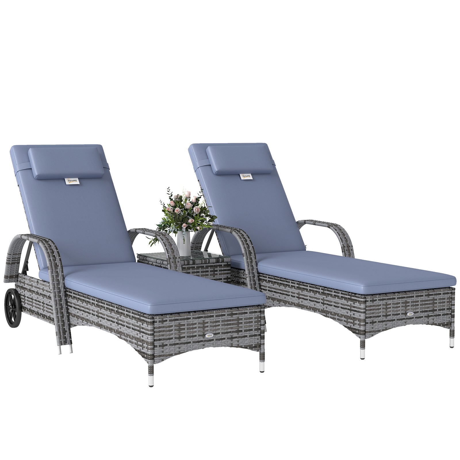 Outsunny 3 PCS Rattan Lounger Recliner Bed Garden Furniture Set w/ Side Table