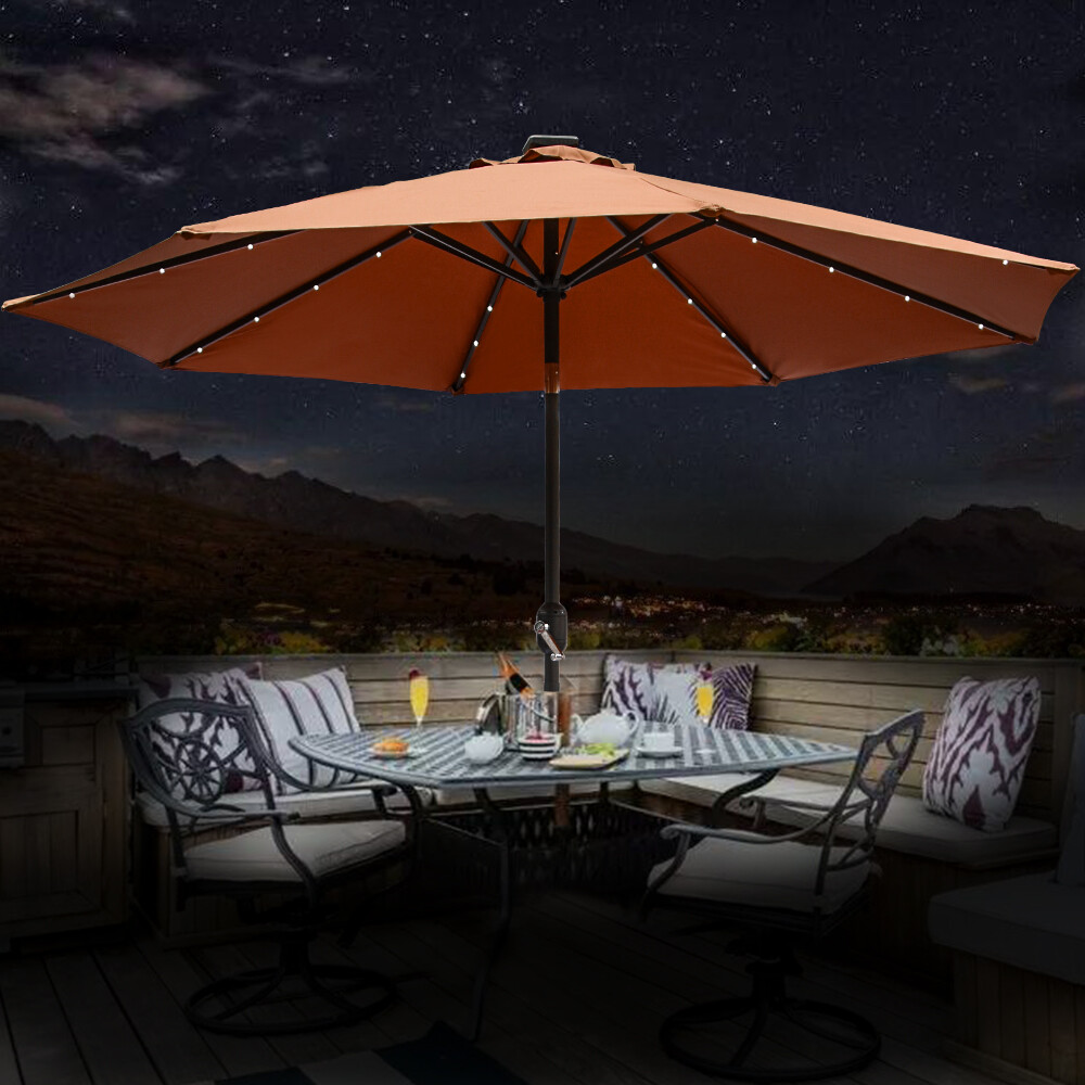Outdoor Garden Parasol Sun Shade Patio Round LED Umbrella Crank Tilt 2.7M Coffee