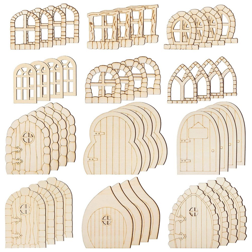 3X(48 Pcs Fairy Door Wooden Garden Doors Craft Window Fairy House Kit6874