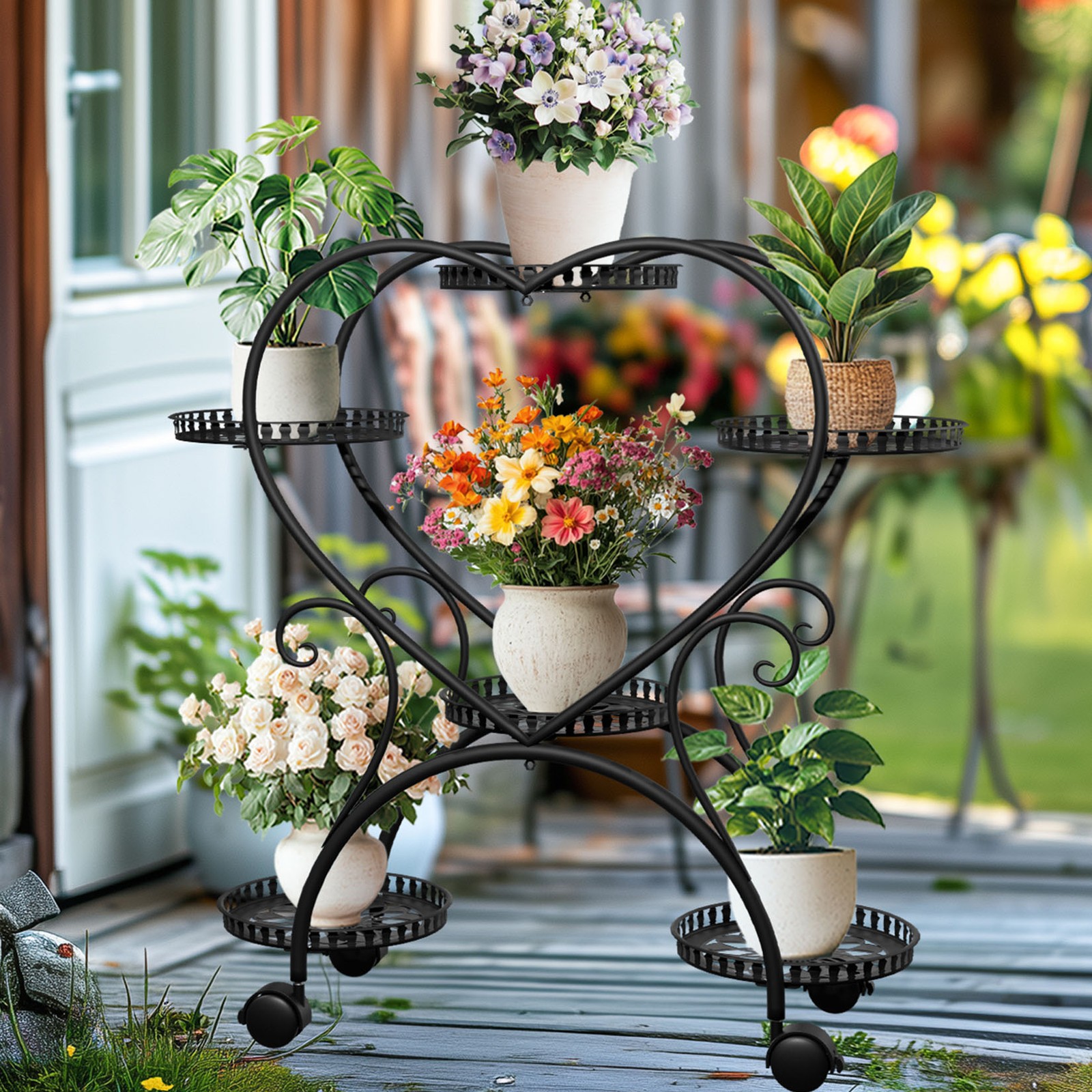 Rolling Metal Plant Stand Garden Shelf Garden Display Indoor Outdoor Home Decor