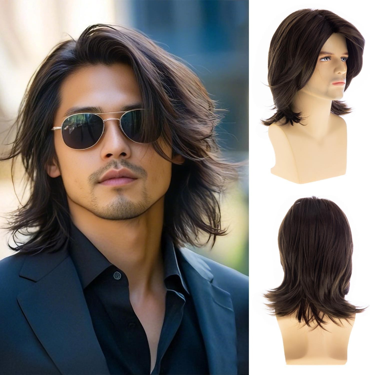 Mens Brown Short Wavy Wig Natural Looking Layered Synthetic Heat Resistant Hair