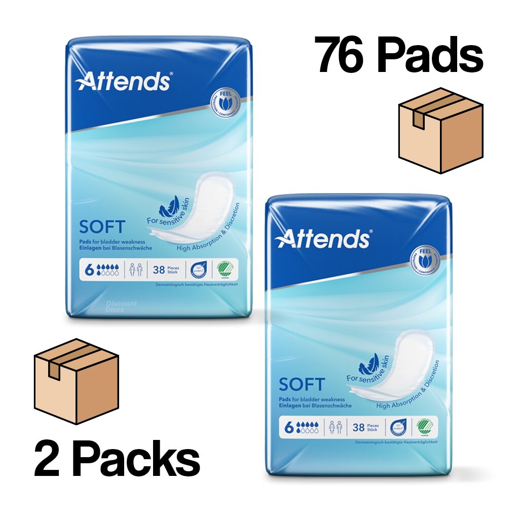 Attends Soft 6 Unisex Discreet Large Incontinence Pads - 2 Packs of 38 (76 Pads)