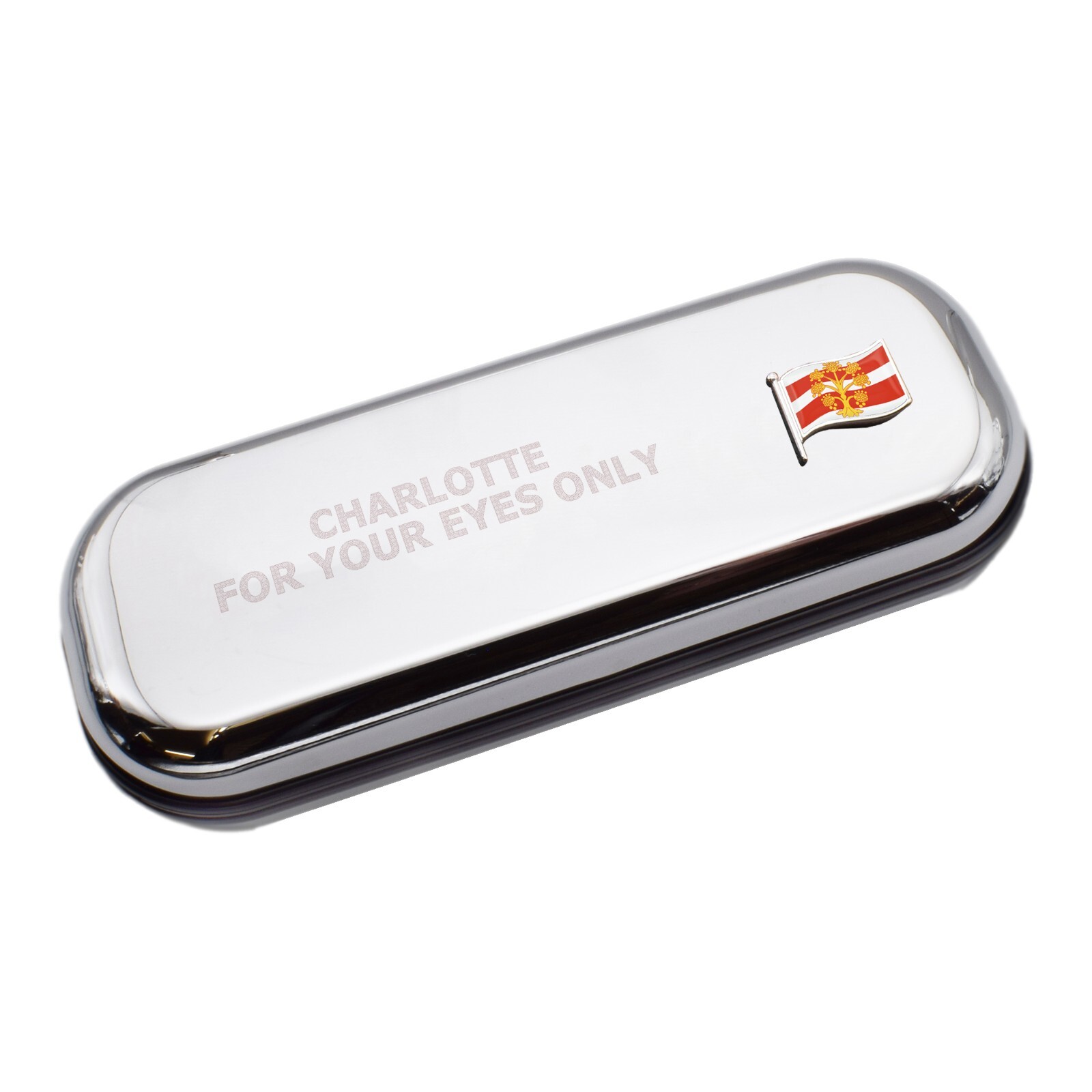 Westmorland Wave Flag & Engraved With Message Chromed Glasses Case Box
