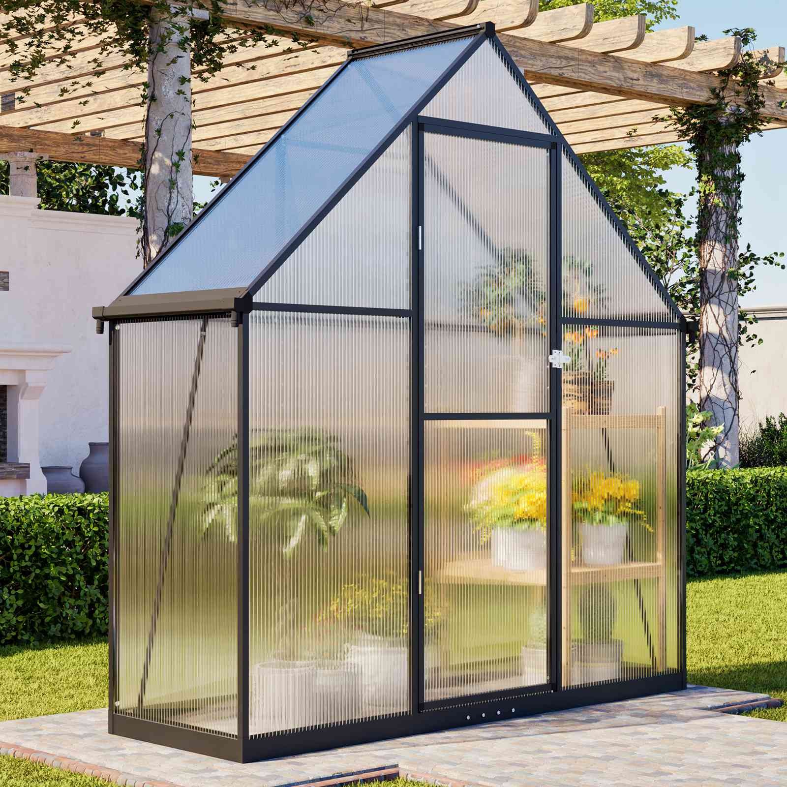 6X2FT Walk-In Greenhouse with Drainage Garden Outdoor Polycarbonate Green House
