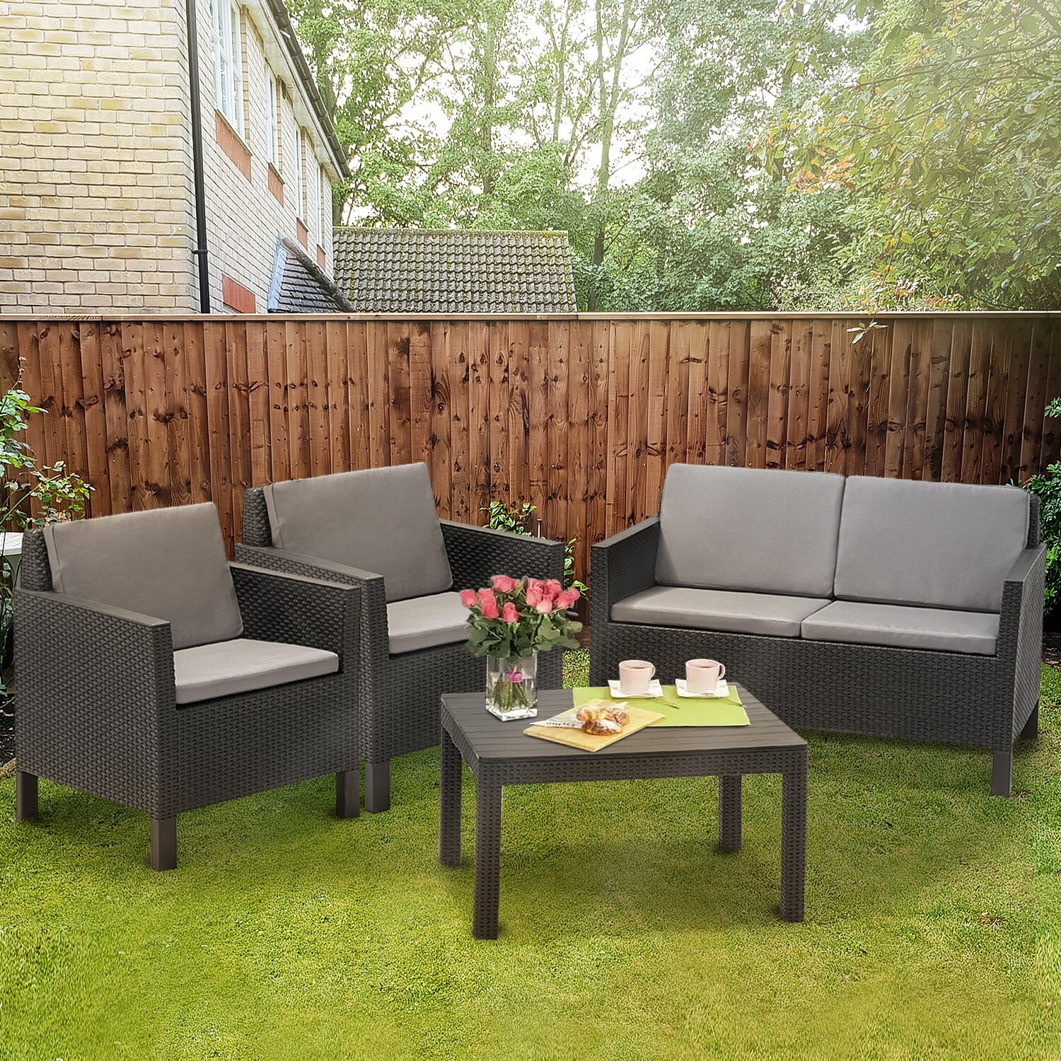 4 Piece Keter Rattan Patio Lounger Sofa Set Garden Furniture Outdoor Chair Table