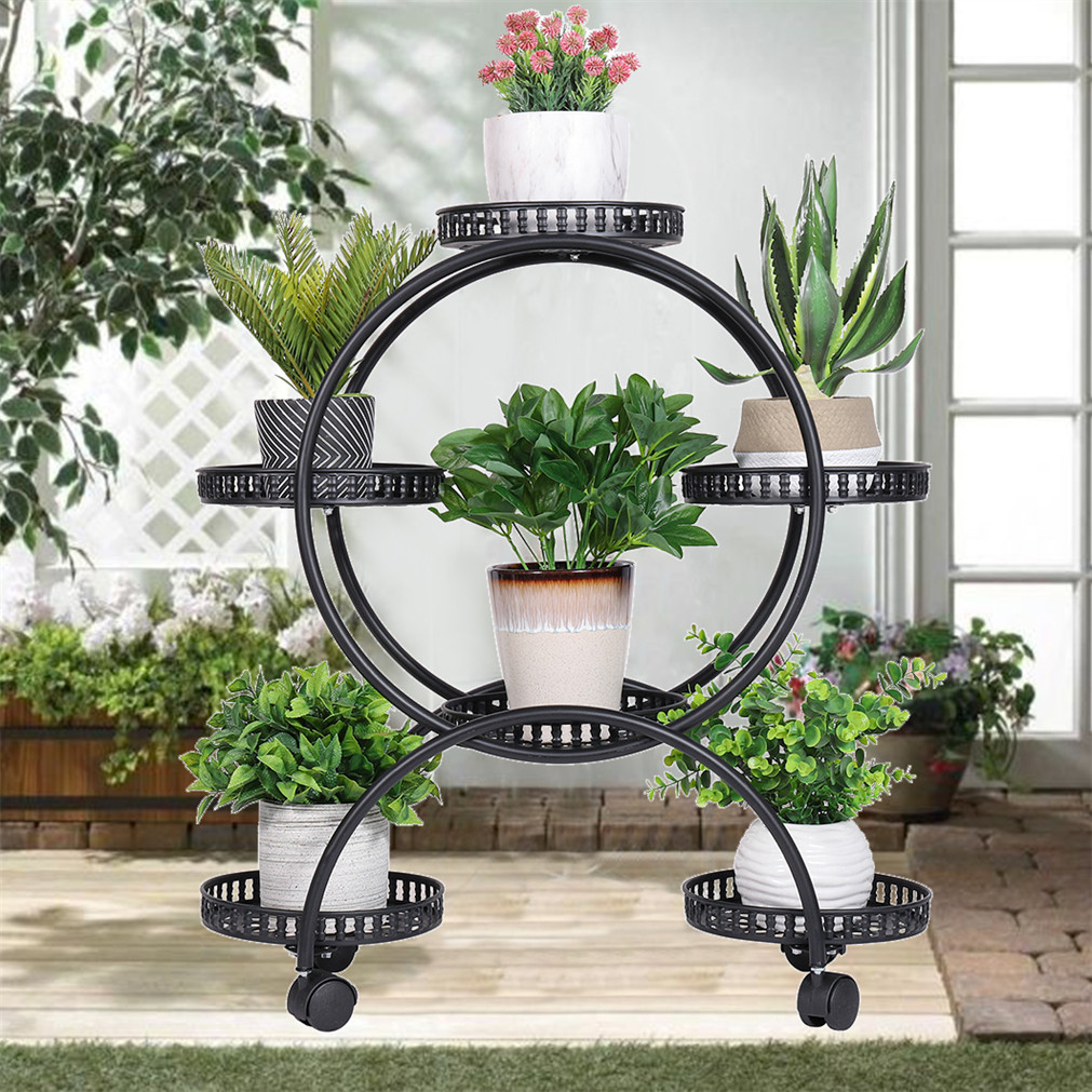 6 Pots Metal Plant Stand w wheels Flower Holder Rack Display Holder Shelf Garden