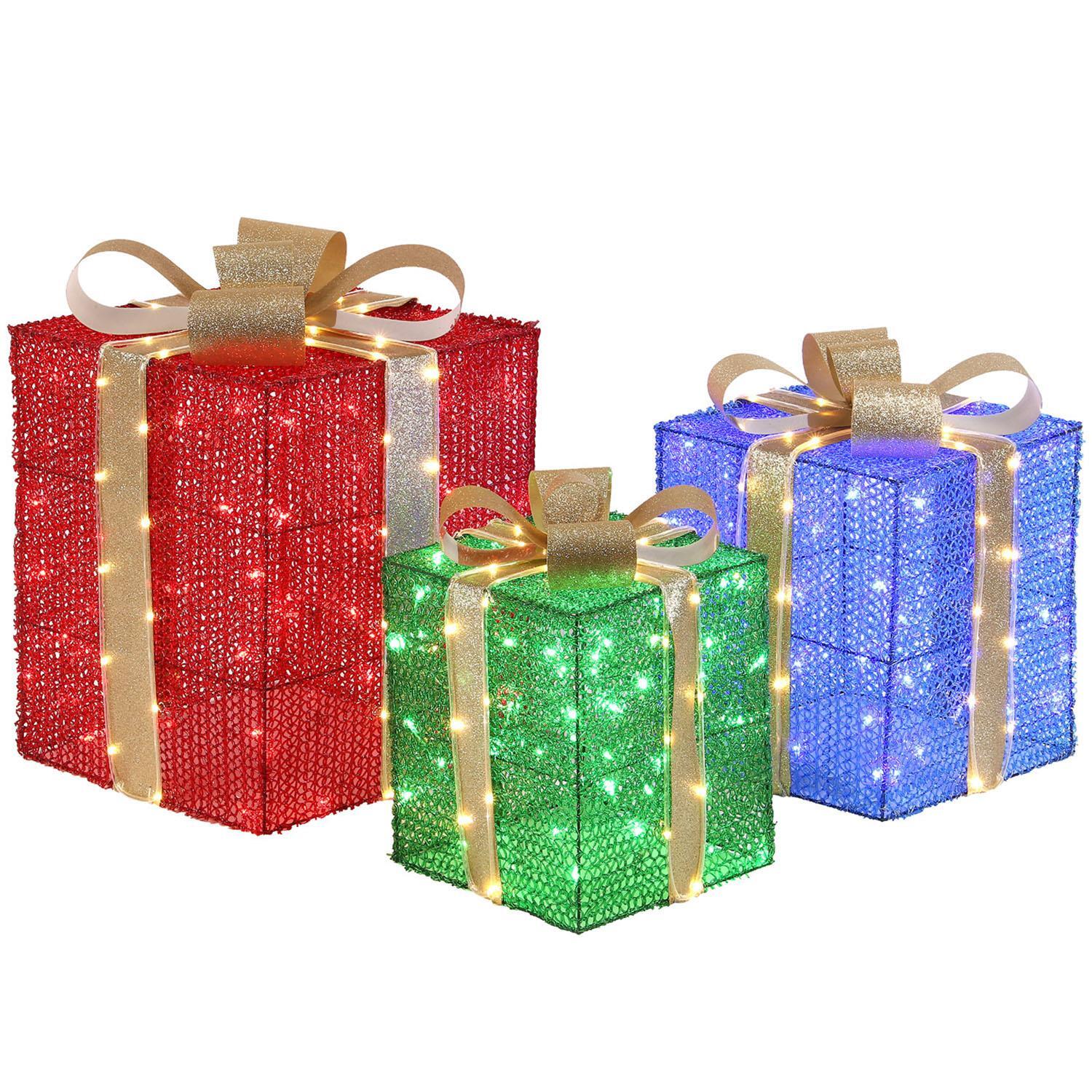 Set of 3 Giant Light Up Christmas Parcel Set Presents Gift Box W/ 360 LED Lights
