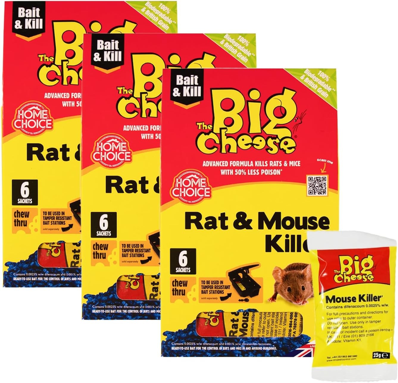 The Big Cheese Rat Poisoning Sachets - 3 Pack, 18 Total x 25g - Kills Mice and