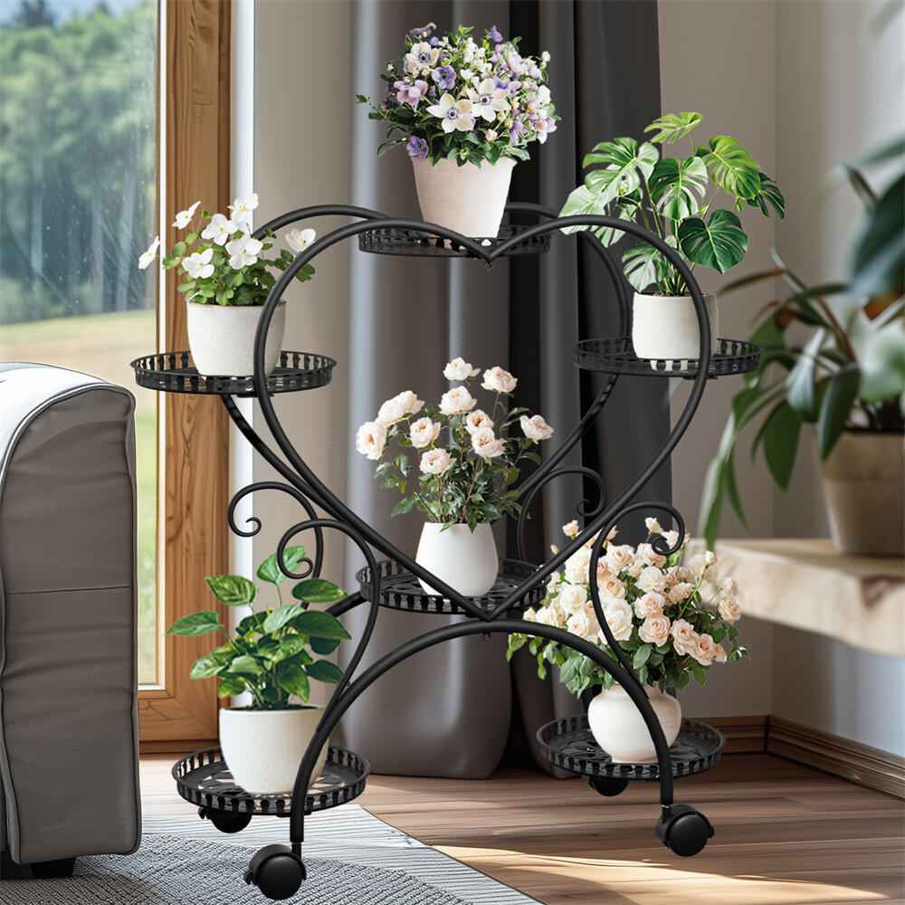6 Pot Flower Pot Stand Metal Plant Stand Heavy Duty Flowers Shelf Basket Wheeled