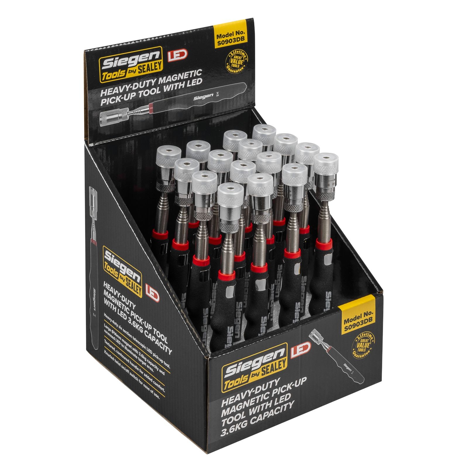 Siegen Heavy Duty Magnetic Pick-Up Tool Led 3.6Kg Capacity Display Box of 16