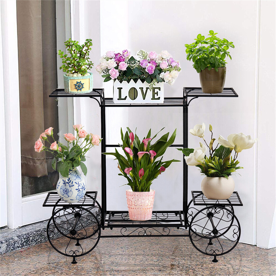 Outdoor Indoor Metal Plant Stand Flower Pots Rack Garden Corner Shelf Black Cart