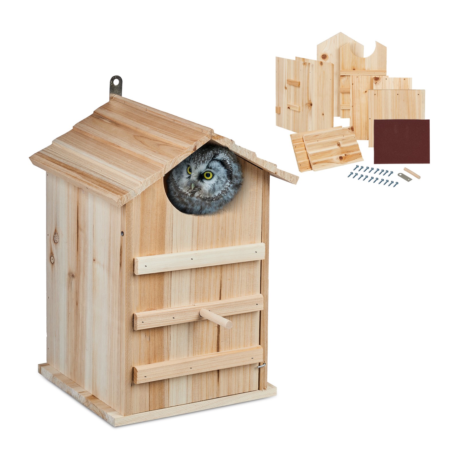 Owl Nesting Box Kit Bird House Nesting Aid Box for Owls Hang-up Hinged Wooden