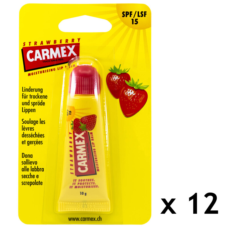 12x Carmex Strawberry Lip balm Tube Flavored SPF15 Water Resistant 10ml / 0.35oz