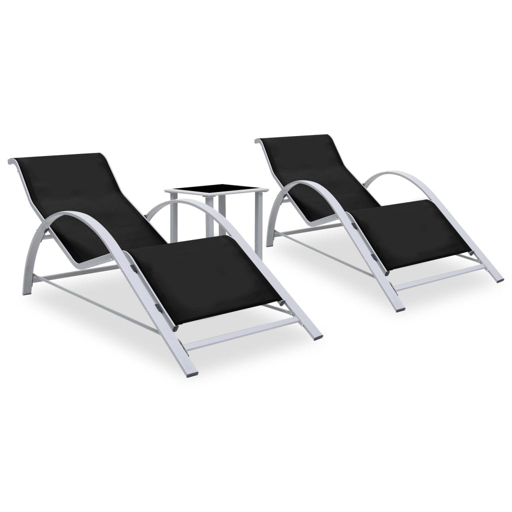 2x Sun Loungers with Table Aluminium Black Lounge Bed Daybed Outdoor vidaXL