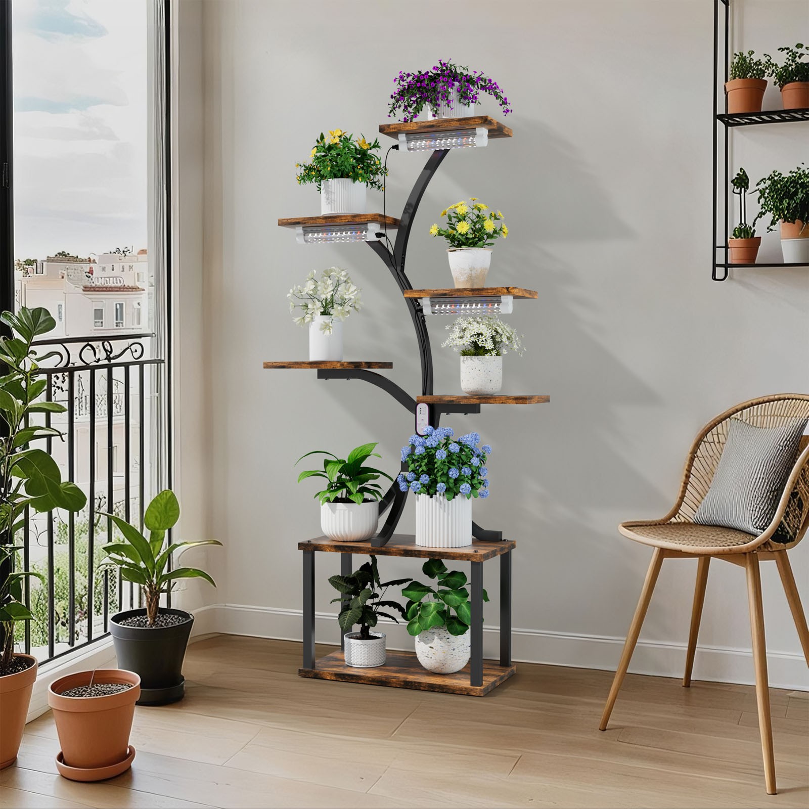 Indoor Grow Lights Plant Stand Metal Wood Plant Shelf for Flower Growth Display