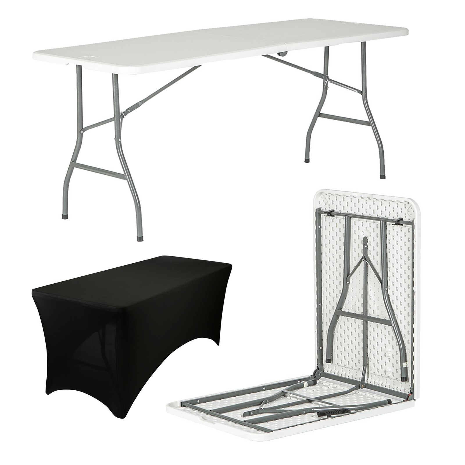 1x Folding Camping Picnic Table with Fitted Tablecloth 180cm (6ft) White/Black
