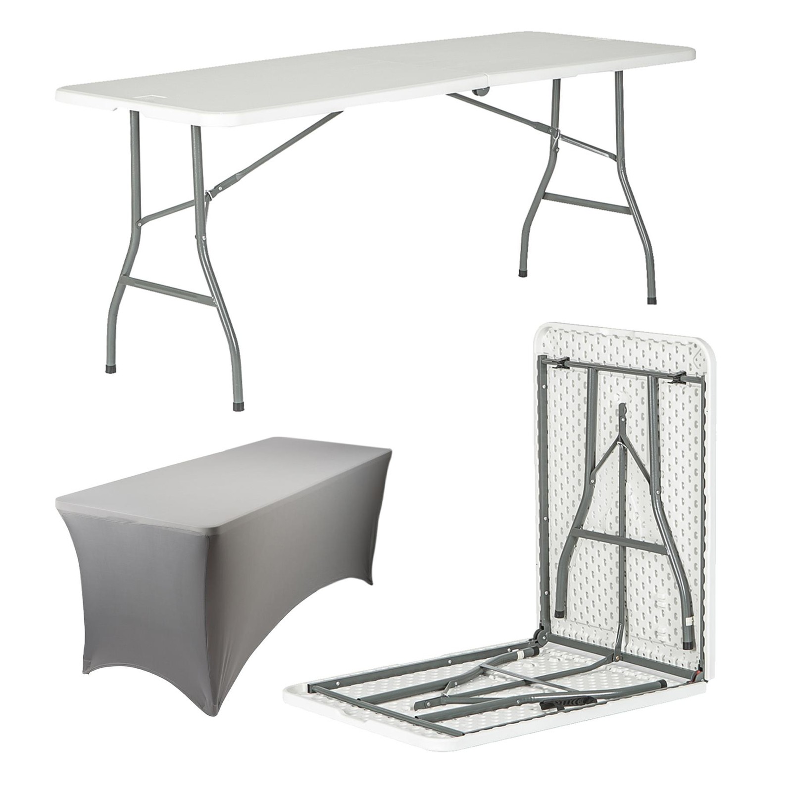 1x Folding Camping Picnic Table with Fitted Tablecloth 180cm (6ft) White/Grey