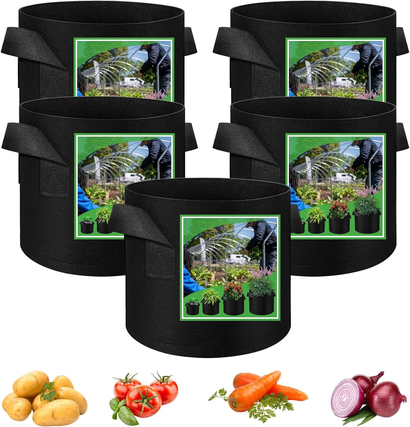 5 Pack Vegetable Grow Bags, Gardening Plant Growing Bags Breathable Non-woven F