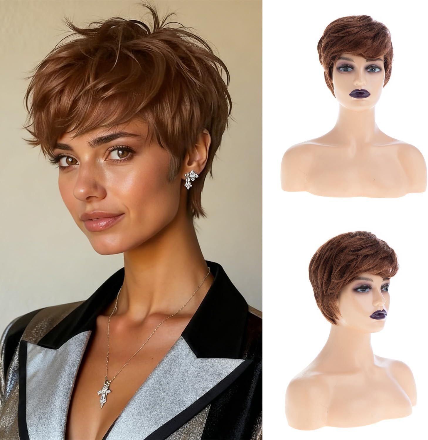 Short Brown Pixie Wig for Women Synthetic Layered Cosplay Hair Full Wigs