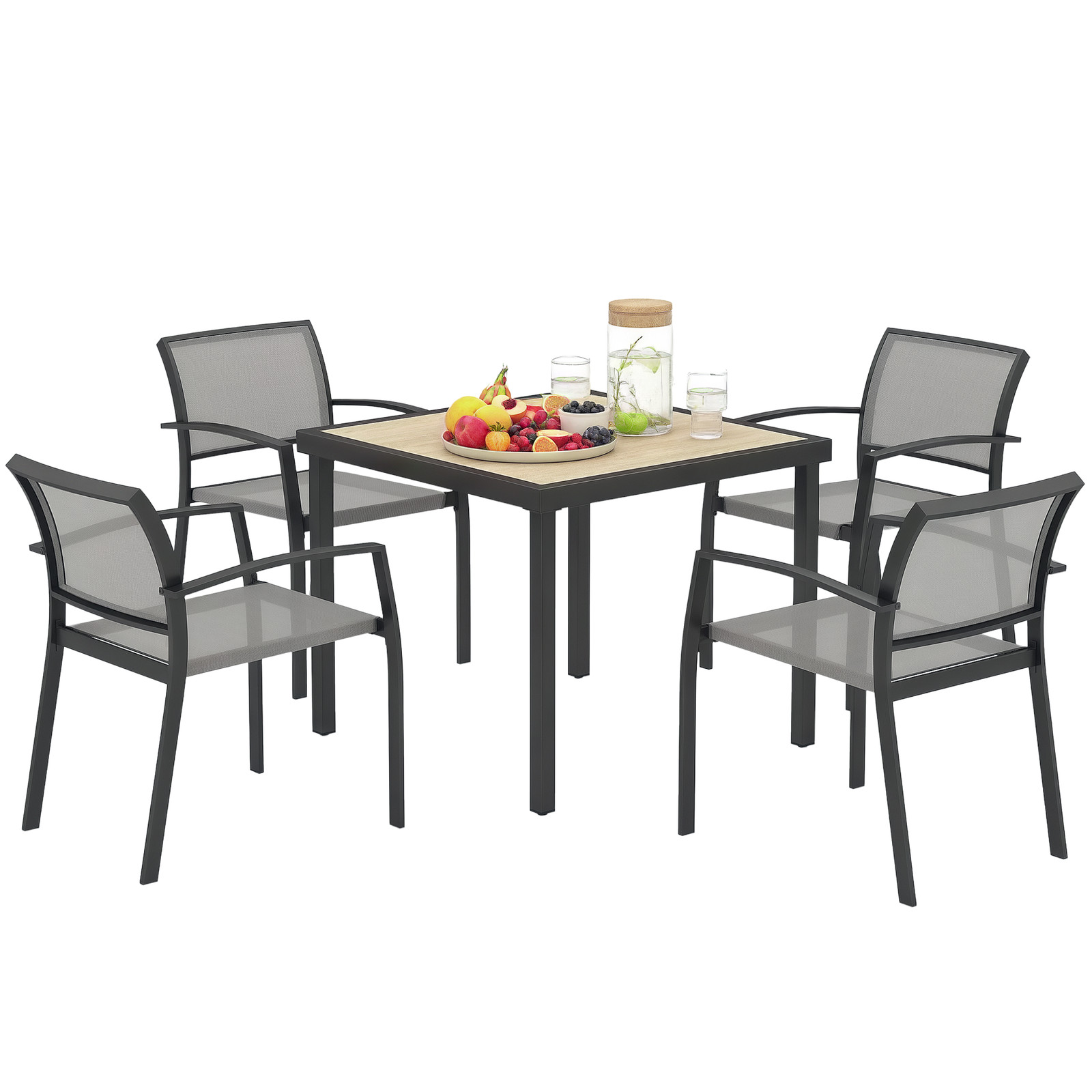 Outsunny 5 Piece Garden Furniture Set with 4 Stackable Armchairs, Grey