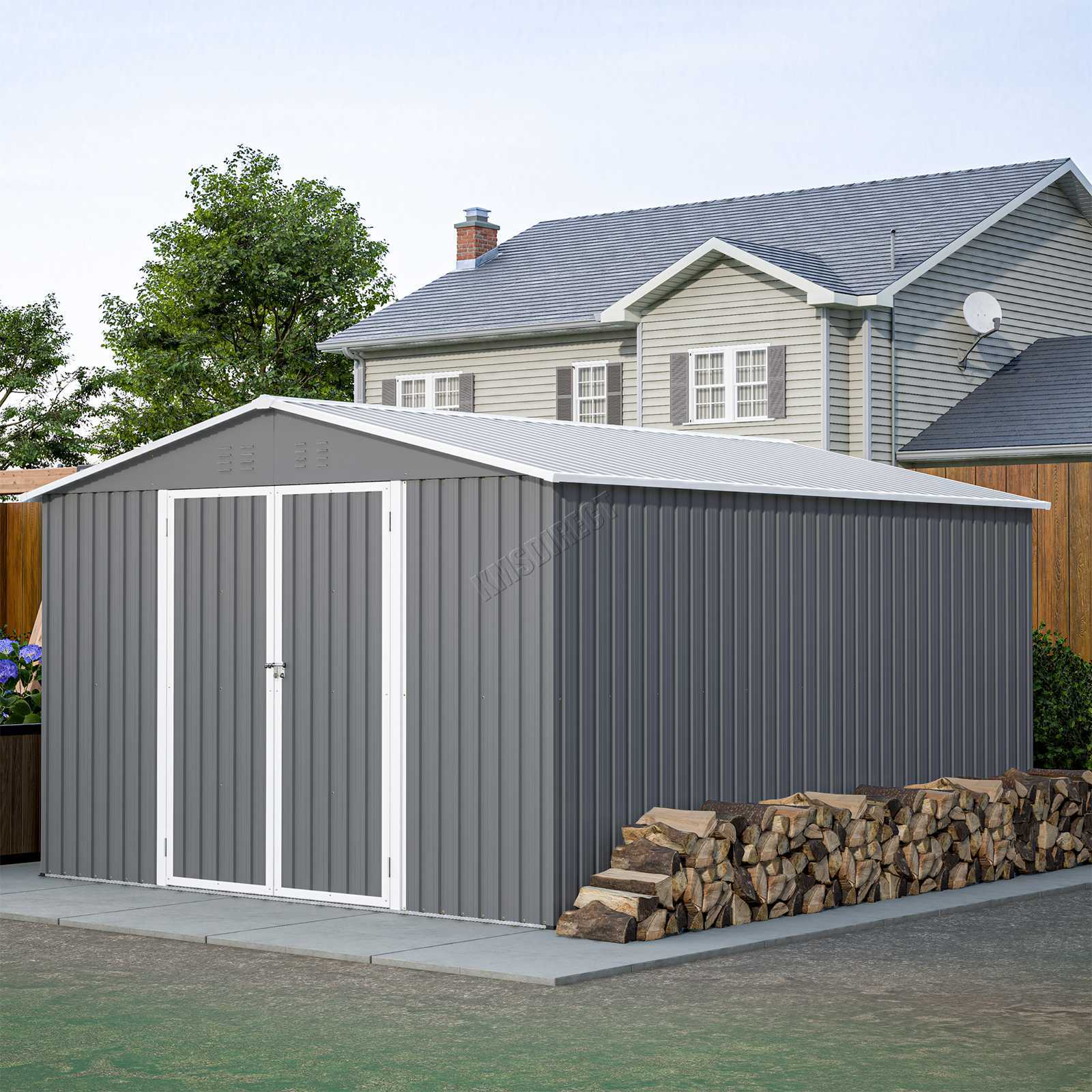 Garden Shed 10X12FT Metal Apex Roof Free Foundation Storage House Grey