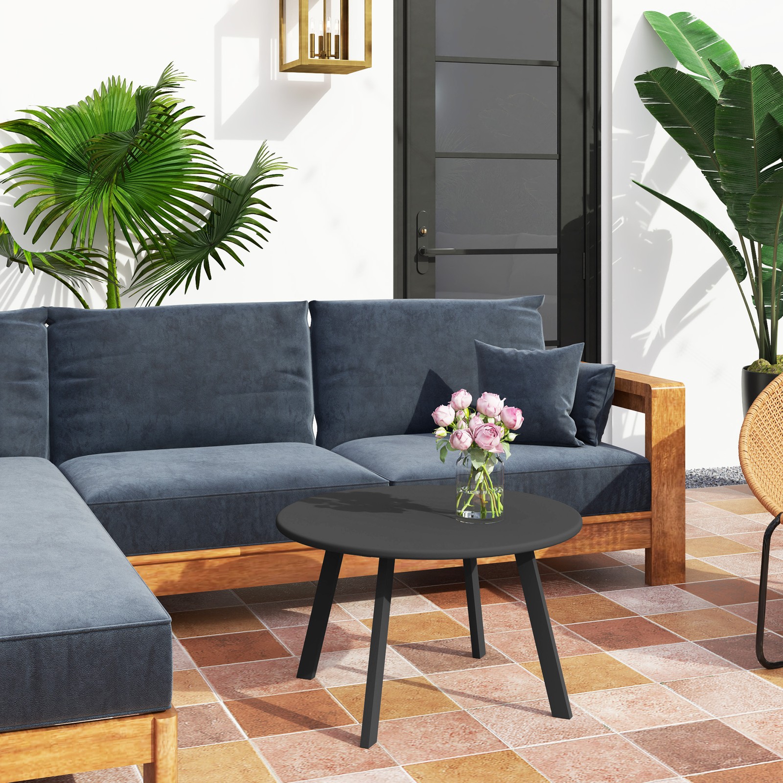 70cm Round Coffee Table with Non-Slip Foot Pads, Black