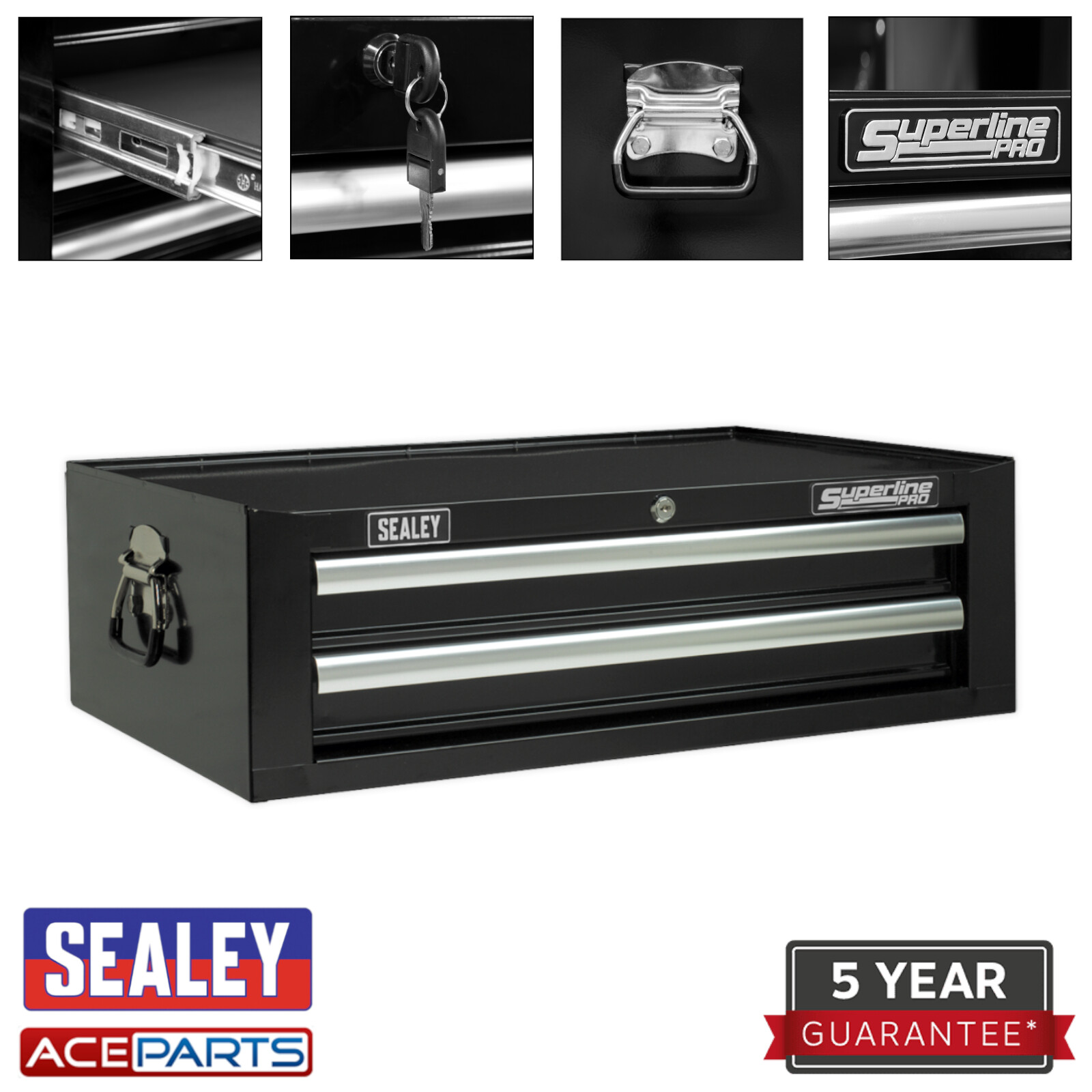 Sealey Black 2 Drawer Tools Storage Box / Tool Chest with Ball Bearing Slides