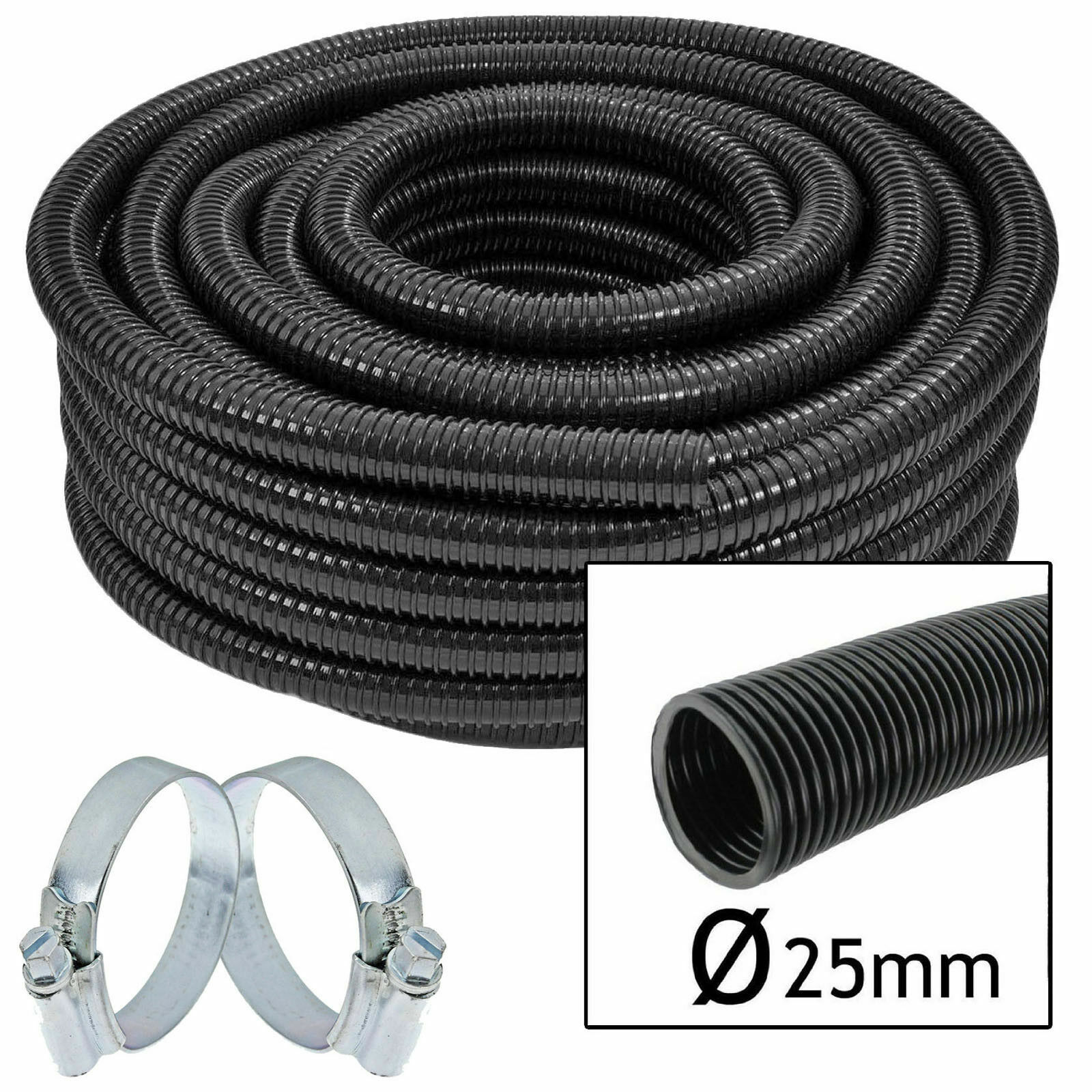 Flexible Swimming Pool Hot Tub Pump Hose Pipe + 2 x Clamp Clips 25mm x 20m