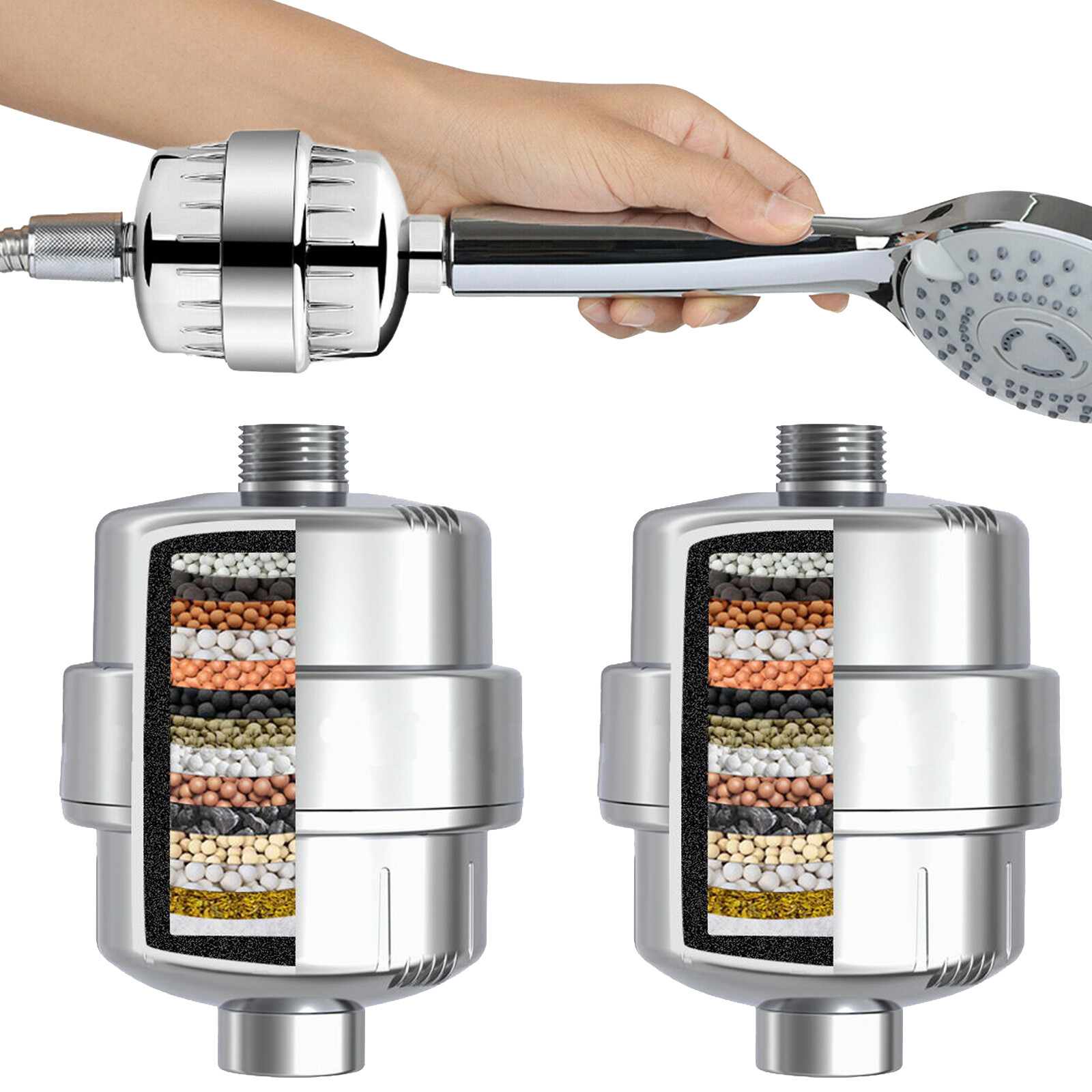 UNIVERSAL Shower Head Filter Chrome Steel Hard Water Purifier Softener x 2