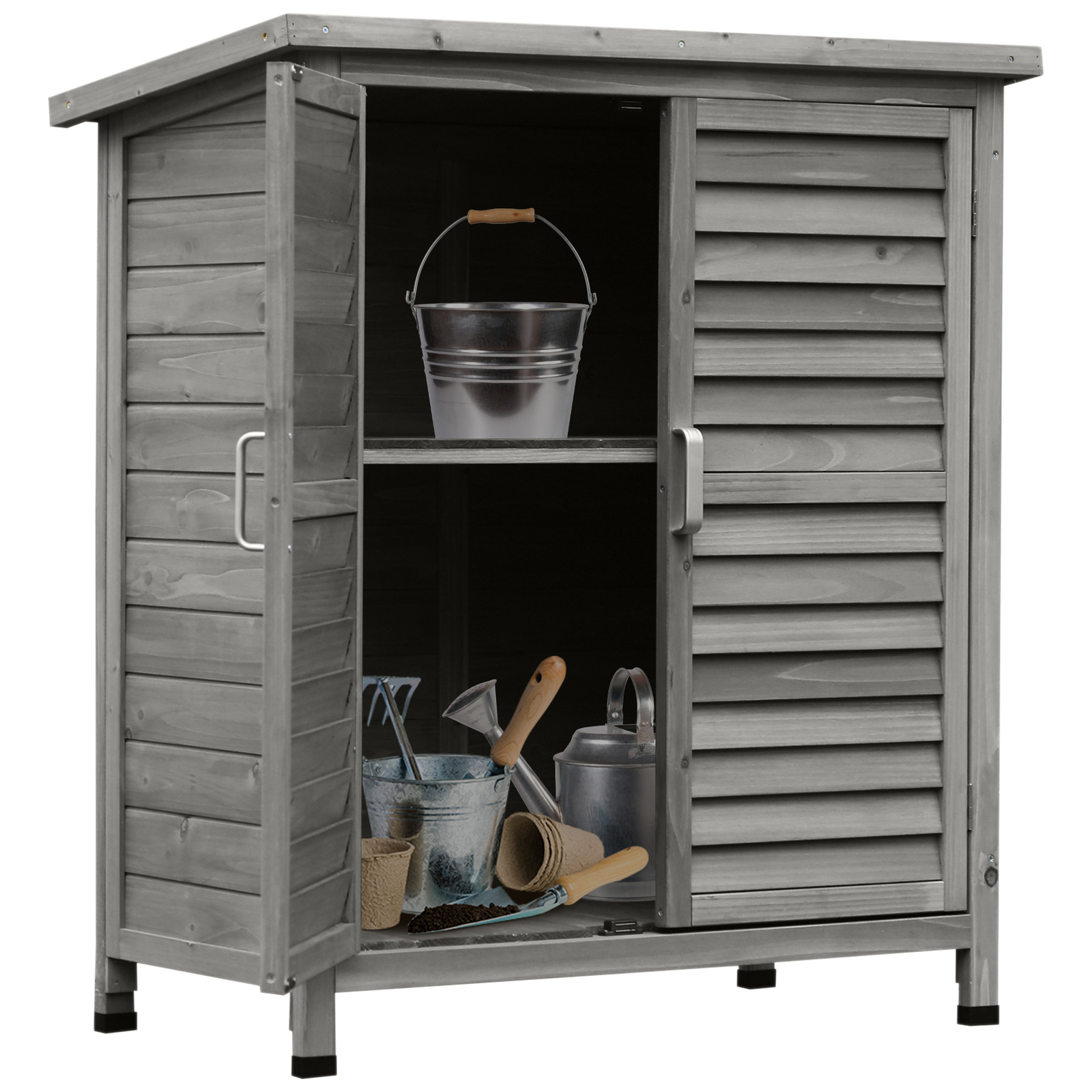 Outsunny Garden Storage Shed Solid Fir Wood Garage Organisation w/ Doors Grey