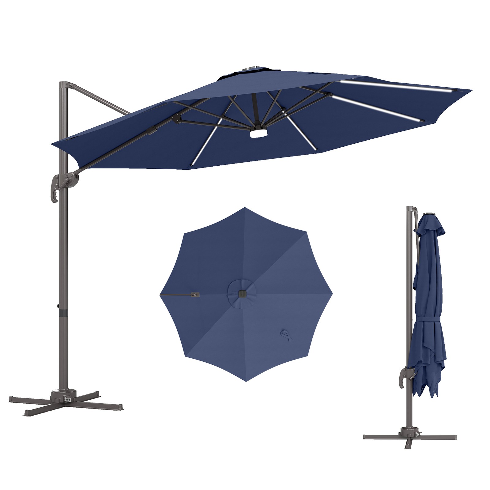 Outsunny 3 m LED Cantilever Parasol Outdoor with Base Solar Lights Blue