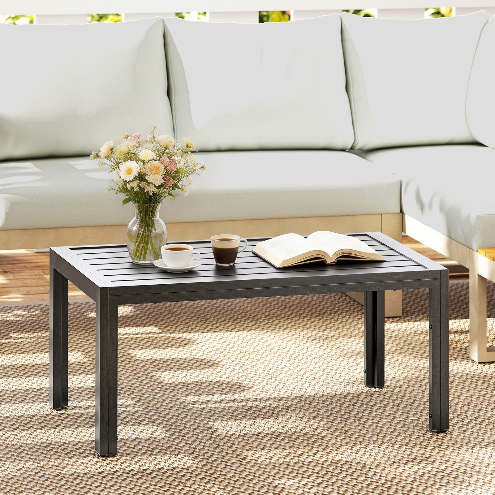 Outdoor Coffee Table Rectangle Patio Table with Steel Frame Slat Top Grey Wood