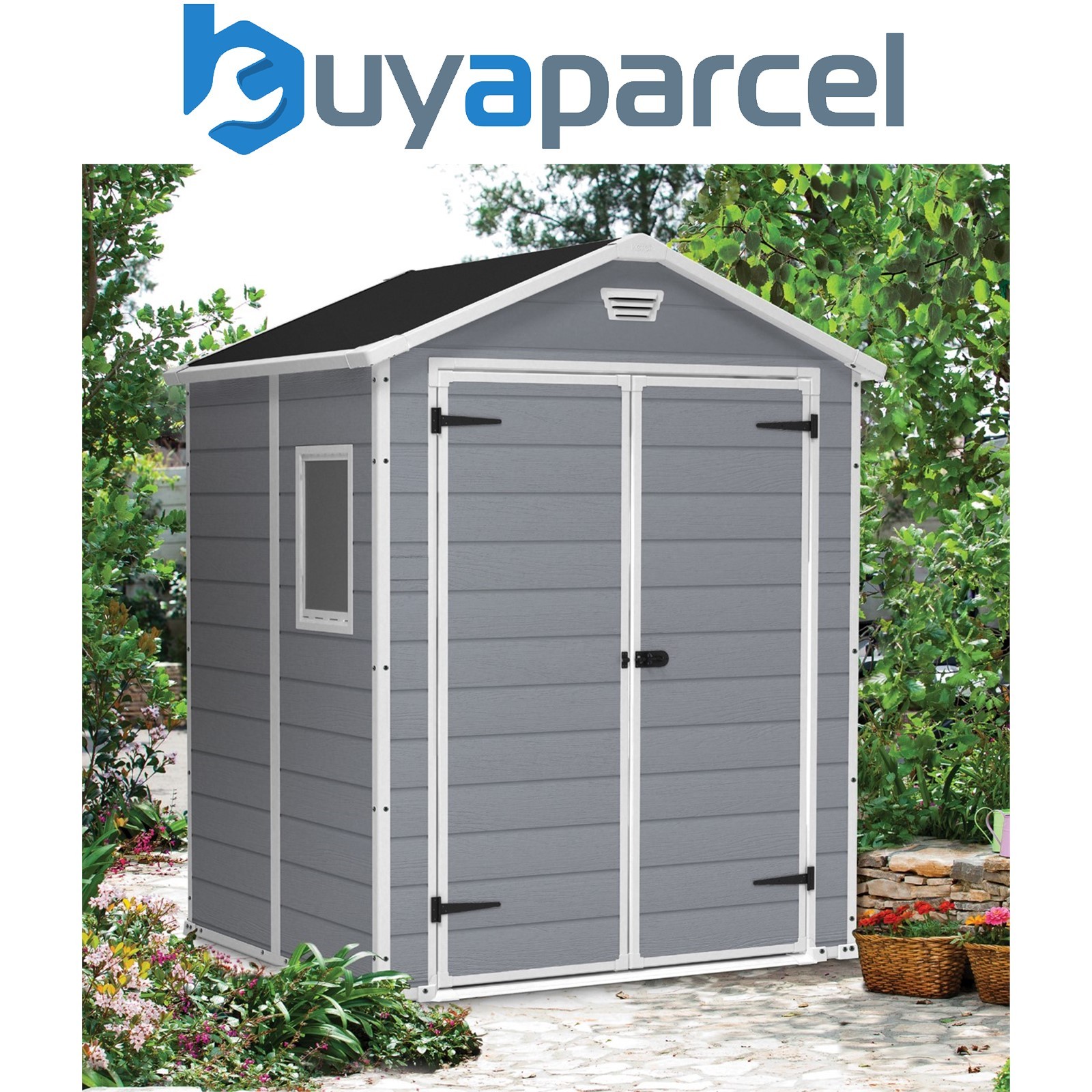 Keter Manor Grey Garden Shed 6 x 5 ft Apex Outdoor Storage Wood Effect Resin