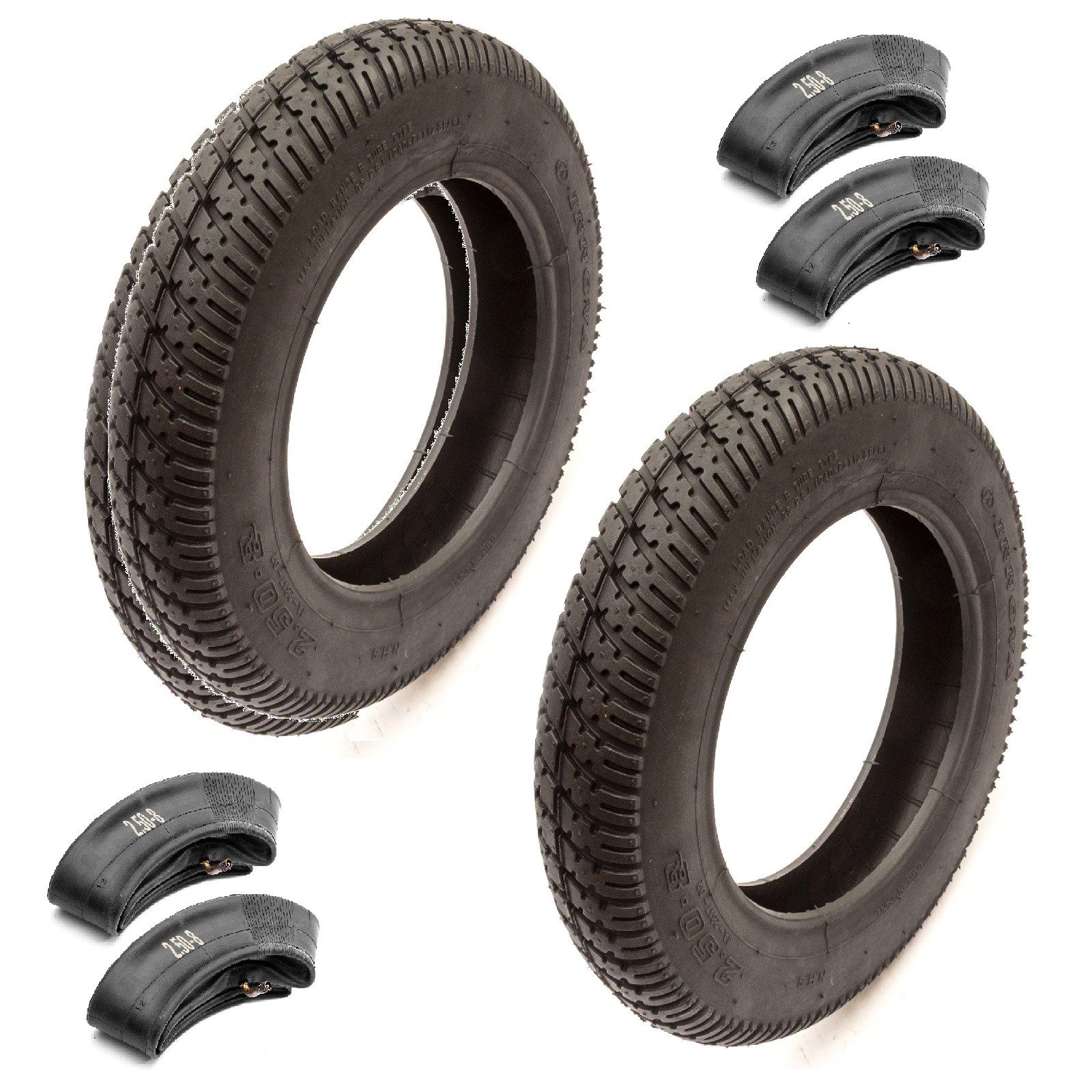 2x Mobility Scooter 14 Inch Tyre & Tube 2.50-8 Black Block Tread Bent Valve